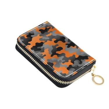 Imagem de Carteiras de cartão de crédito com bloqueio de RFID, pequena carteira feminina de couro com zíper e chaveiro camuflagem abstrata preta laranja