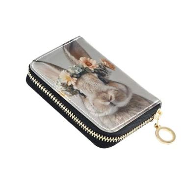 Imagem de Carteira feminina pequena para cartões de crédito com bloqueio de RFID, coelhinho, flores fofas, carteira com zíper e bolso para moedas