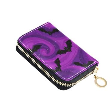 Imagem de Carteira feminina de couro com desenho animado com bloqueio de RFID, morcegos roxos estrelados, preto, carteira masculina com bolso para moedas