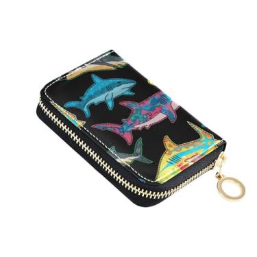 Imagem de GAIGEO Lindas carteiras femininas de couro com bloqueio de RFID, pequena bolsa de troca de zíper com chaveiro, tubarões coloridos preto marinho