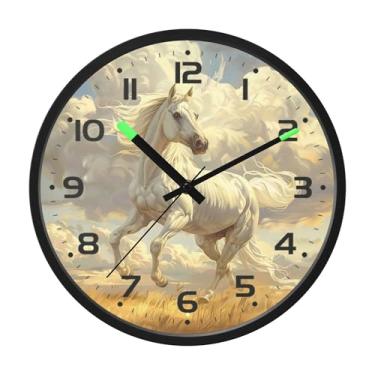 Imagem de SEHANY Relógio de parede artístico majestoso cavalos silencioso, sem tique-taque, relógio redondo operado por bateria, controle de som, luz noturna, relógios de parede para sala de estar, cozinha