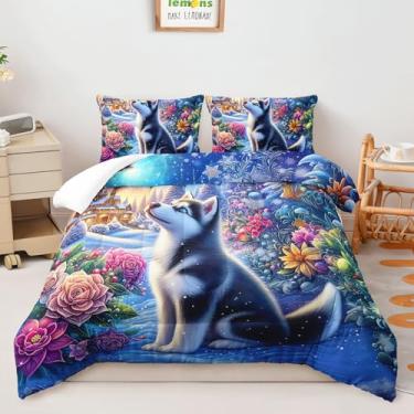 Imagem de AILONEN Conjunto de edredom com estampa de cachorro Husky fofo, tamanho Queen, para crianças, meninos, meninas, floral, neve, 2 fronhas, 3 peças