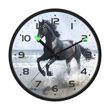 Imagem de SEHANY Relógio de parede artístico majestoso cavalos silencioso, sem tique-taque, relógio redondo operado por bateria, controle de som, luz noturna, relógios de parede para sala de estar, cozinha