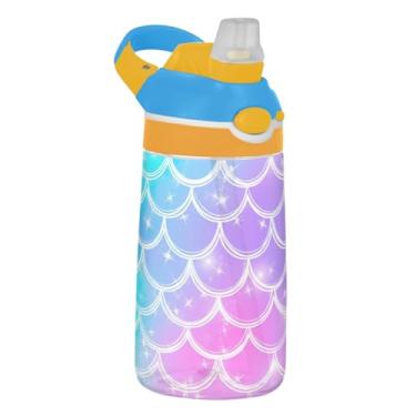 Imagem de Garrafa de água infantil sereia rosa azul-petróleo roxo 473 ml garrafa de água de plástico reutilizável com tampa de canudo 473 ml Tritan copo infantil à prova de vazamento portátil, alça de