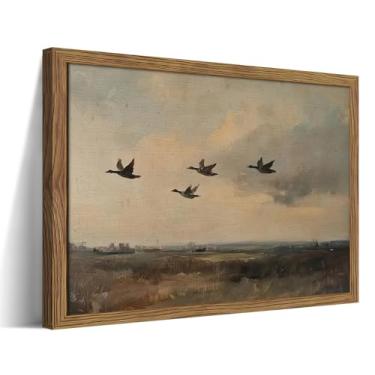 Imagem de Arte de parede em tela de patos voadores emoldurados, pintura de paisagem rural rústica, impressão de pôster de pássaros vintage, decoração de parede moderna de patos de fazenda para sala de estar