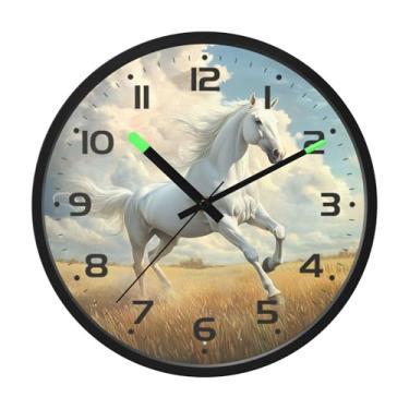 Imagem de SEHANY Relógio de parede artístico majestoso cavalos silencioso, sem tique-taque, relógio redondo operado por bateria, controle de som, luz noturna, relógios de parede para sala de estar, cozinha
