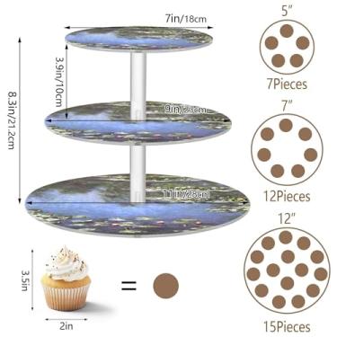 Imagem de Monet Seerosen Suporte de cupcake de 3 camadas com estampa de lírio de água para festa, copo de acrílico, torre de bolo, chá de bebê, suporte de sobremesa, bandeja de comida para servir flores