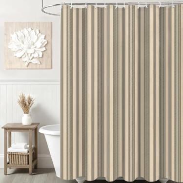 Imagem de Ksriylm Cortina de chuveiro retrô de linho preto escuro listrado de algodão à prova d'água, cortinas de chuveiro listradas engraçadas para decoração de banheiro, cortina de chuveiro de tecido chique