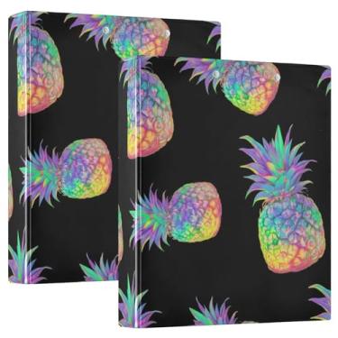 Imagem de Fichários de abacaxi holográfico arco-íris efeito brilho preto 3 cm 3 anéis comporta 200 folhas, fichário de prancheta floral redondo para escritório, 31,5 x 27 x 6 cm, 1 pacote