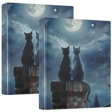 Imagem de Pinturas personalizadas de gatos lua noite três argolas 1,5 polegadas segurar 200 folhas pastas de fichário de impressão bonito anel redondo fichário de escritório, 31,5 x 27 x 6 cm, 1 pacote