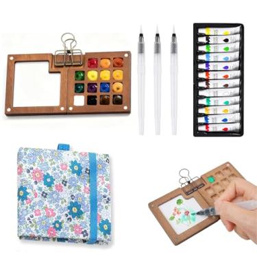 Imagem de Mini conjunto de tinta de aquarela portátil, kit de viagem aquarela com bolso de 12 cores com paleta de tinta de madeira de 8 grades, kit de viagem em aquarela para iniciantes, artistas e entusiastas