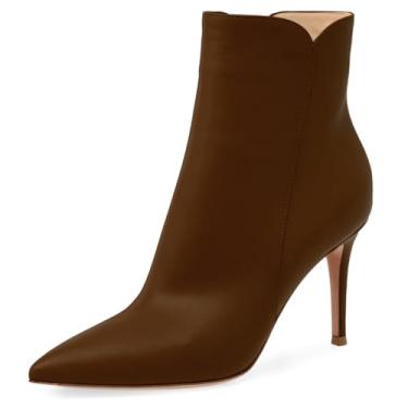 Imagem de Botas femininas de salto alto, salto alto, bico fino, confortável, sexy, clássica, botas curtas, Marrom, 9.5