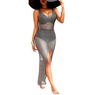 Imagem de Saída de praia sexy feminina casual transparente de malha de crochê vestido de verão, Cinza escuro, XX-Large
