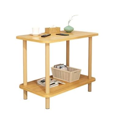 Imagem de Mesa de cabeceira moderna para quarto, mesa de cabeceira aberta de 2 camadas, mesa de cabeceira alta de madeira, escorregador silencioso, mesa lateral pequena para espaços pequenos, com pernas de