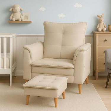 Imagem de Conjunto Poltrona Retrô + Puff com Pés Palito - Veludo Bege-Cinza, Estrutura em Madeira de Eucalipto, para Sala(Linho Bege)