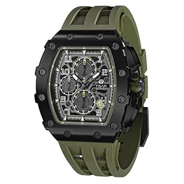 Imagem de Relógio masculino de luxo TSAR BOMBA à prova d'água com movimento de quartzo japonês, caixa de aço inoxidável Tonneau, vidro safira com função de cronógrafo, relógio de presente moderno exclusivo, Olive08, Case thickness 16.8mm,