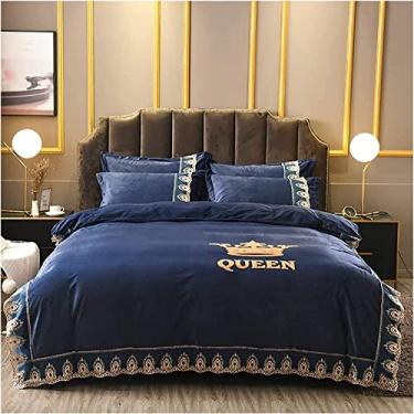 Imagem de Conjunto de capa de edredom, tamanho duplo, conjunto de lençóis de cama de 4 peças, renda dupla, inverno, macio, quente, flanela lisa, conjunto de capa de edredom, capa de edredom de luxo para hotel