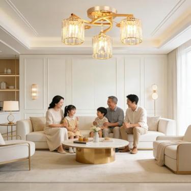 Imagem de Lustre de cristal, luminária pendente moderna preta/dourada para sala de estar, lustre de cristal K9, luminária de teto de luxo semi-embutida para quarto, sala de estar e sala de jantar.