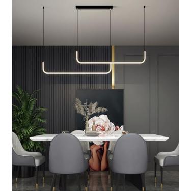 Imagem de Luminária pendente LED moderna e simples em formato de U, com altura ajustável, 150 cm, dimerizável, com controle remoto, ideal para sala de jantar, escritório e bar (preta, B150)
