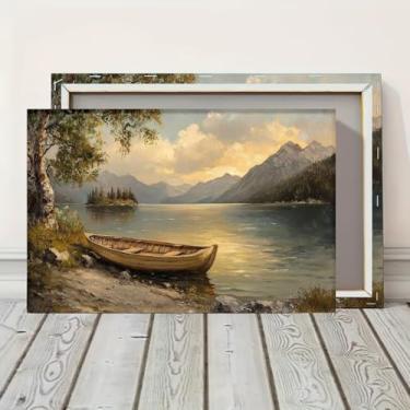 Imagem de Barco descansando nas montanhas da costa do lago emoldurado arte de parede pronto para pendurar impressões para decoração de casa, ideia de presente para sala de estar e quarto, escritório, festa de