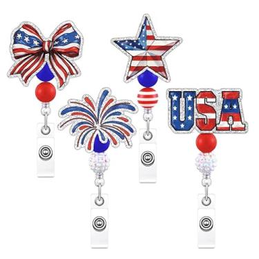 Imagem de JarThenaAMCS 4 peças de carretel de crachá patriótico com clipes de contas, cordão retrátil, vintage, vermelho, azul, bandeira americana, arco de estrela, fogos de artifício, crachá, crachá, clipes de