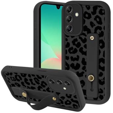 Imagem de Zrutru Capa de telefone estética preta com estampa de leopardo para Samsung Galaxy A26 5G com alça de pulso de dedo macia ajustável suporte de silicone à prova de choque Funda para Samsung A26 de 6,64