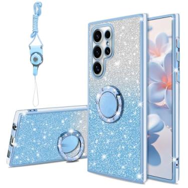 Imagem de KuDiNi Capa de telefone para Samsung Galaxy S24 Ultra 6,8 polegadas linda brilhante brilhante fina TPU brilhante brilhante com glitter capa com suporte e alça, capa protetora feminina à prova de