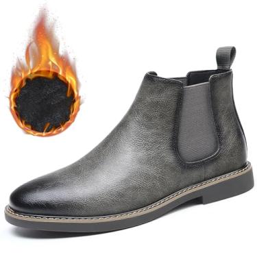 Imagem de Chelsea Botas masculinas casuais confortáveis sem cadarço, cano baixo, bico redondo, couro PU, elegante, cano alto, sapatos de trabalho, Pelo cinza, 39 BR