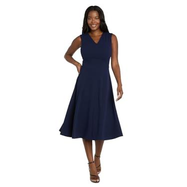 Imagem de R&M Richards Vestido feminino sem mangas com decote em V | Comprimento midi clássico corte evasê | Traje formal para coquetéis para noite, Preto, 40