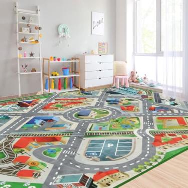 Imagem de Tapete infantil grande para sala de jogos, 121 cm x 183 cm, tapete para crianças, carros de brinquedo, vida urbana com tráfego rodoviário, ótimo para quarto de crianças, quarto de brincar, quarto de
