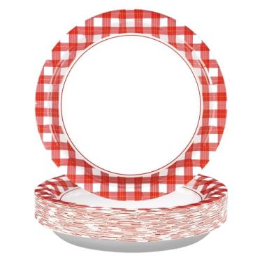 Imagem de 50 peças de pratos de papel guingão vermelho e branco 23 cm pratos de sobremesa xadrez xadrez vermelho e branco descartáveis suprimentos de festa para piquenique, churrasco, chá de bebê, decorações de