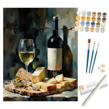 Imagem de Kit de pintura por números Still Life para adultos – Pintura DIY de taça de vinho, queijo e pão enrolada em tela 40,6 x 50,8 cm, conjunto de tinta acrílica para iniciantes, arte de cozinha para