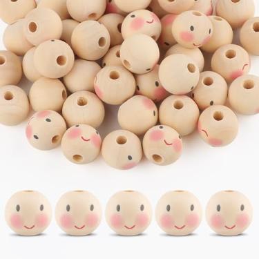 Imagem de 50 peças de contas de madeira para artesanato, contas de madeira sorridentes de 20 mm com furos, contas de madeira de rosto redondo natural para artesanato DIY, fabricação de joias, decorações de anjo