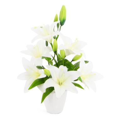 Imagem de AceList 12 cabeças de flores artificiais de lírio da Páscoa em vaso, flores falsas de lírio de tigre com vaso, flores brancas de lírio artificial, flores sintéticas de primavera de toque real para