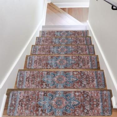 Imagem de Passos de escada extra antiderrapantes para degraus de madeira tijolo vermelho 76 cm x 20 cm corredores de escada internos tapetes de escada antiderrapantes tapetes de segurança para cães, crianças e