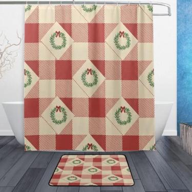 Imagem de Kigai Conjunto de tapetes de cortina de banho de guirlanda de Natal Buffalo Grid 2 peças, conjunto de tema de banheiro (152 x 182 cm) com cortina de chuveiro e tapete antiderrapante - 12 ganchos