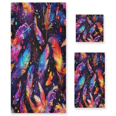 Imagem de xigua Conjunto de toalhas de banheiro de penas coloridas absorvente macio toalha de banho de 3 peças toalha de mão toalhas decorativas para banheiro, academia, hotel, praia, piscina