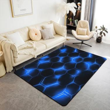 Imagem de jejeloiu Tapetes de sala de estar de favo de mel para quarto, geometria 3x5, hexágono, decoração para meninos, homens, adultos, adolescentes, luzes neon, azul, arte de colmeia