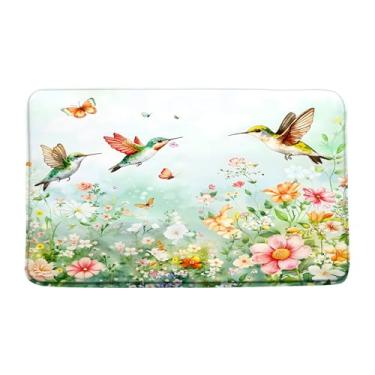 Imagem de HUSPWP Aquarela flor beija-flor tapete de banho primavera sálvia verde rosa floral planta floral pássaro borboleta natureza moderna decoração de banheiro tapete capacho vaso sanitário, 48 x 74 cm