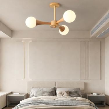 Imagem de Luminária de teto LED, luminária de teto de madeira E27, luminária de embutir decorativa 3000K-6000K, luminária de madeira estilo tatame japonês simples, luminária pendente de vidro para cor