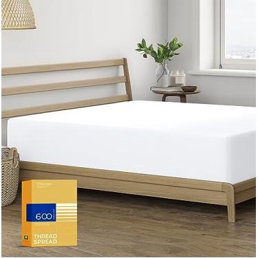 Imagem de THREAD SPREAD Lençol casal 100% algodão egípcio - lençol com elástico de 40,6 cm com bolso profundo de 600 fios, tecido de cetim macio refrescante, lençol de baixo elástico para adultos - branco