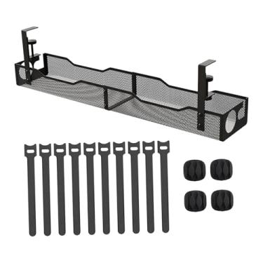 Imagem de Fenteer Bandeja organizadora de cabos para mesa com 2 furos, organizador de fios para escritório, mesa de altura ajustável e régua de tomadas para quarto, Preto