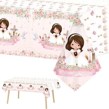 Imagem de AIBIIN 3 peças de toalha de mesa rosa Mi Primera Comunion decorações de plástico descartáveis capas de mesa de chá de bebê decorações de mesa de chá de bebê 272 x 137 cm