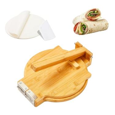 Imagem de Máquina de Quesadilla de madeira – Prensa de tortilha de 25 cm com 50 papel manteiga e cortador de massa, Prensa de bambu para tortilhas mexicanas para burritos, taco, roti, tortilhas de milho