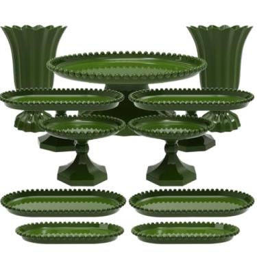 Imagem de Kit Decoração Festa Completo – 1 Boleira Pérola, 2 Vasos, 2 Boleiras Oblonga, 2 Mini Pérola, 2 Bandejas 25cm e 2 Bandejas 20cm, Mesa de Doces e Eventos(VDO - VERDE OLIVA)