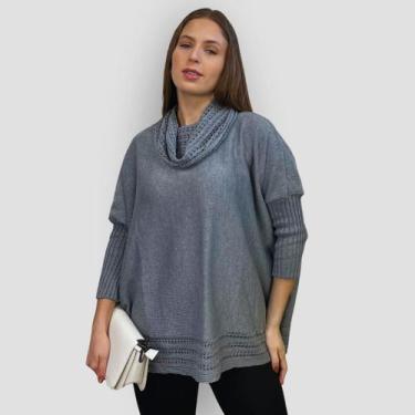 Imagem de Poncho Feminino Tricot Mousse Liso Gola Alta Casaco Inverno - GIP, Chu