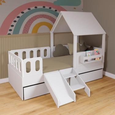 Imagem de Cama Casinha Com Telhado 02 Gavetas Kit Escada E Grades Anatômica Branco Megamobilia