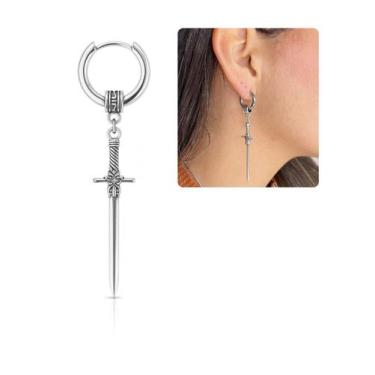 Imagem de Brinco Argola Pingente Espada Medieval Prata Aço Inox 1 Und - Visujoia