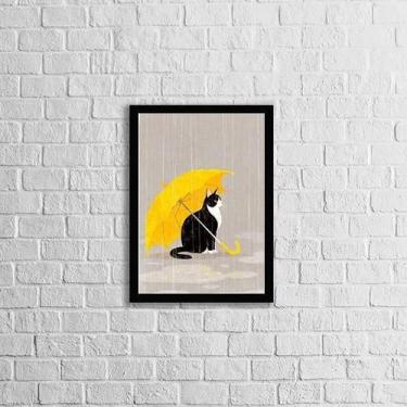 Imagem de Quadro Gato Com Sombrinha Amarela 45X34 Com Vidro Preta - Quadros On-L