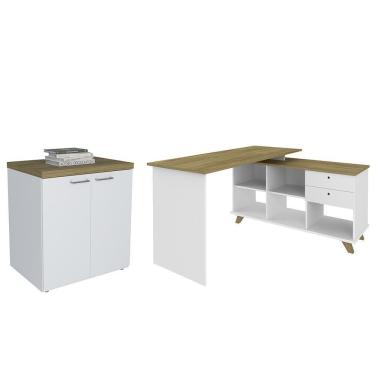 Imagem de Mesa Escrivaninha Em L Golden E Balcão 2 Portas Tok A06 Olmo/branco - Mpozenato